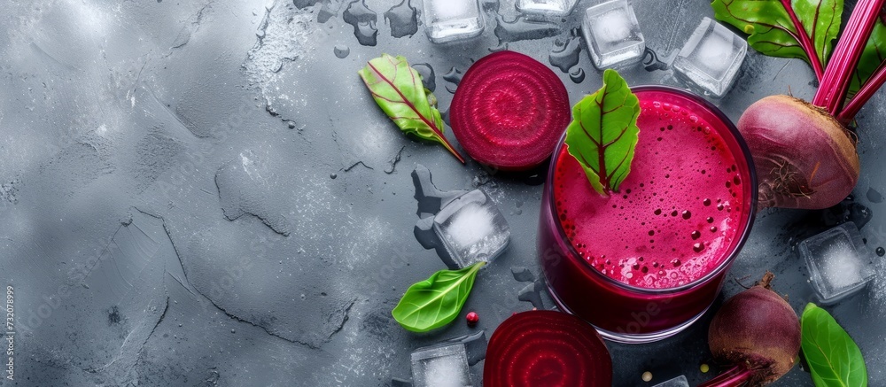 Poster Flat lay concept with a glass of beetroot juice, ice cubes, fresh organic beetroot, and leaf decoration on a grey background.