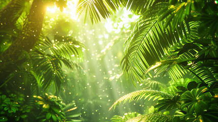 Fototapeta na wymiar Sunlight filtering through the dense foliage of a tropical forest, creating a serene and vibrant scene