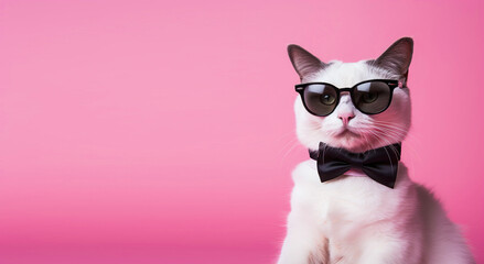 Stylish white cat with sunglasses and bow tie posing on a pink background, ample copy space on the side