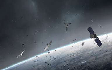 3D illustration of a cluster of space debris, junk and satellites surrounding planet Earth. High...
