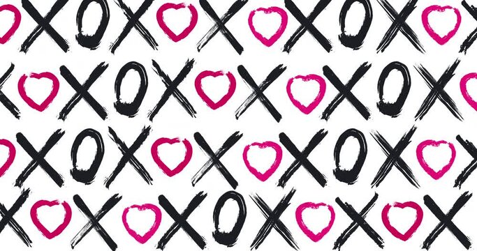 Hand written doodle XO XO and red hearts. Animation romantic pattern with simple repeating texture on white. Seamless loop 4k graphic motion for wedding, love story, on Valentine's Day