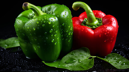 fresh green and red peppers with waterdrops