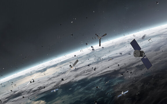 3D illustration of Space debris, junk and satellites in orbit planet Earth. High quality digital space art in 5K - ultra realistic visualization.