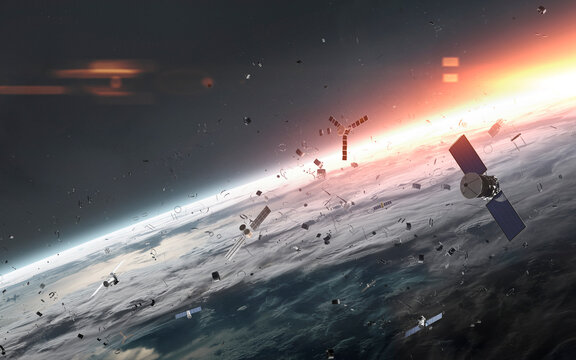 3D illustration of Huge cloud of satellites, junk and debris around planet Earth. High quality digital space art in 5K - ultra realistic visualization.