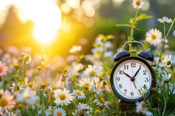 Deurstickers A classic black alarm clock stands among daisies with the golden sunrise illuminating the scene, symbolizing time in nature.. © netrun78