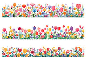Horizontal flowers borders. Spring blooming floral border decors, vector tender flowers edging graphics on white background