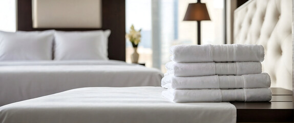 Set of clean white towels set stacked on bed in hotel room, leisure, vacation and travel concept, template, background, banner with copy space area