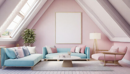 Mockup frame in living room attic 3d rendering