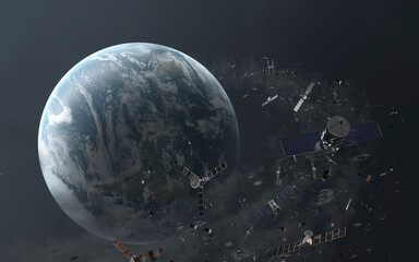 3D illustration of Huge cloud of satellites, junk and debris around planet Earth. High quality digital space art in 5K - ultra realistic visualization.