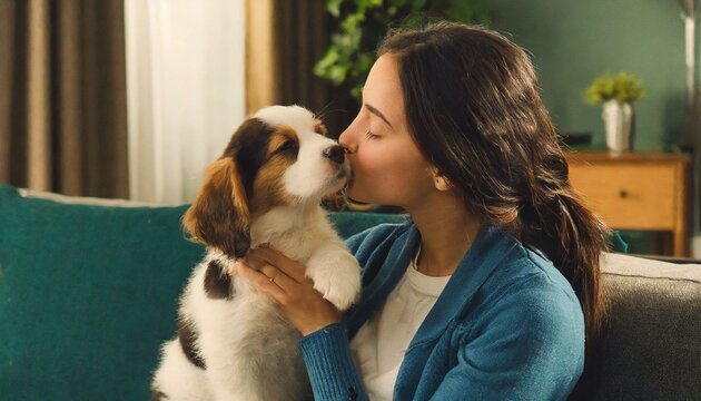 FILHOTE DE CACHORRO SENDO BEIJADO PELO DONO