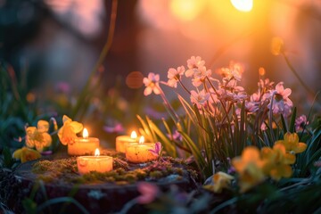 A serene spring equinox arrangement featuring lit candles among fresh blossoms with a soft sunset glow in the background symbolizing peace and renewal - obrazy, fototapety, plakaty
