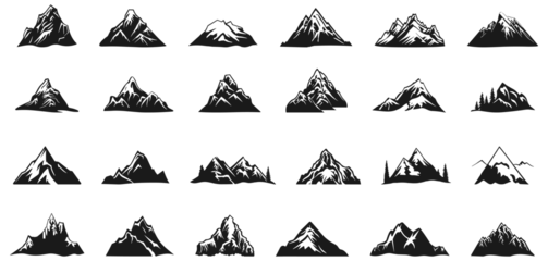 Foto op Aluminium Mountain black icons. Rocks shape silhouettes, mountains ridges labels drawning signs for climbing wildlife mountainerring outdoor camping extreme adventures design © LadadikArt