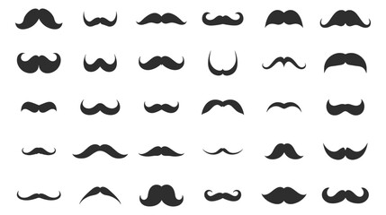 Mustaches icons. Mustache silhouettes isolated on white, whisker vector set, gentleman moustache shapes