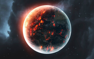 3D illustration of Burning planet Earth covered with fire and lava. High quality digital space art in 5K - ultra realistic visualization.