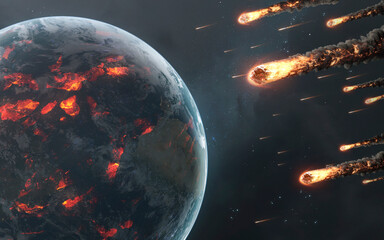 3D illustration of Asteroids destroy planet Earth with fire and explosions. High quality digital space art in 5K - ultra realistic visualization.