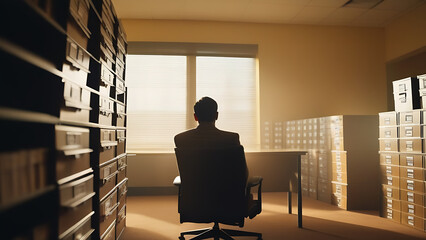 Exhausted man in the office full of folders and work