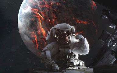 3D illustration of An astronaut watches the destruction of planet Earth in flames. High quality...