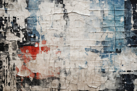 White blue gray black peeling painted wall. Old building wall with cracked flaking paint. Weathered rough painted surface cracks and peeling