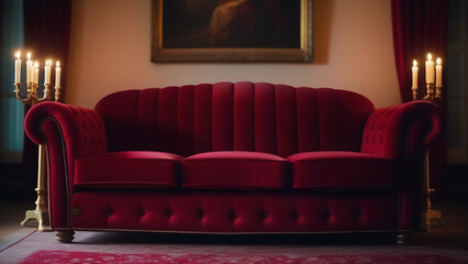 Obraz premium omantic Red Velvet Sofa Adorned with Roses and Candlelight