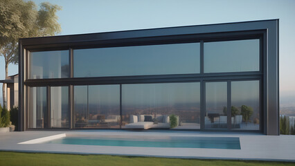 Obraz premium Architectural design plan of a guest house shot from outside, large steel windows with a view of the city
