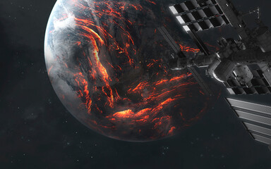 3D illustration of Burning planet Earth covered with fire and lava. High quality digital space art...