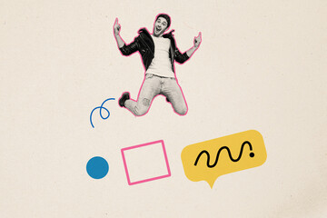 Photo collage poster jumping young man rocker show win rock'n roll gesture message textbox quote...