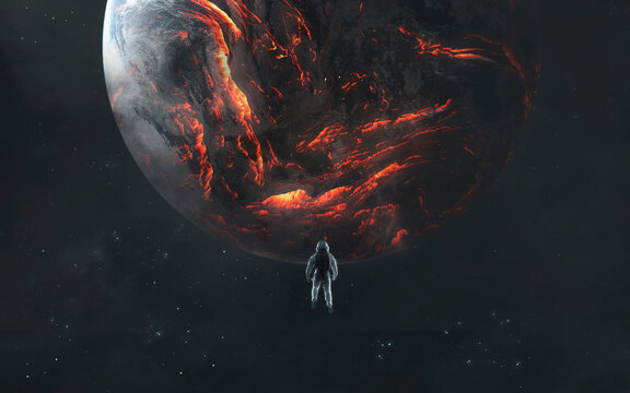 3D illustration of An astronaut watches as the entire planet Earth burns in fire, lava covers the entire surface. High quality digital space art in 5K - ultra realistic visualization.