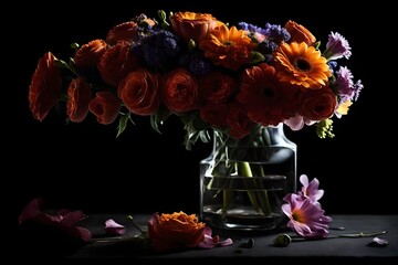 A Captivating Presentation of Lively Flowers Arranged upon a Table, Their Vibrant Hues Illuminating the Solid Black Backdrop. Each Petal and Stem Immortalized in Exquisite Detail by the Precision of a