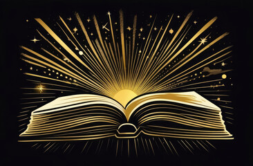 Open book with rays of light on black background.  illustration.
