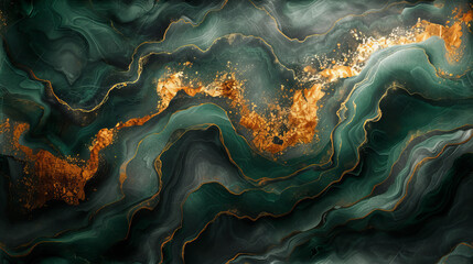 Abstract Painting With Gold and Green Colors - obrazy, fototapety, plakaty