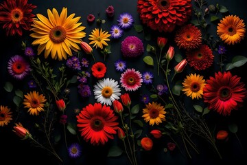Fototapeta na wymiar A Captivating Presentation of Lively Flowers Arranged upon a Table, Their Vibrant Hues Illuminating the Solid Black Backdrop. Each Petal and Stem Immortalized in Exquisite Detail by the Precision of a