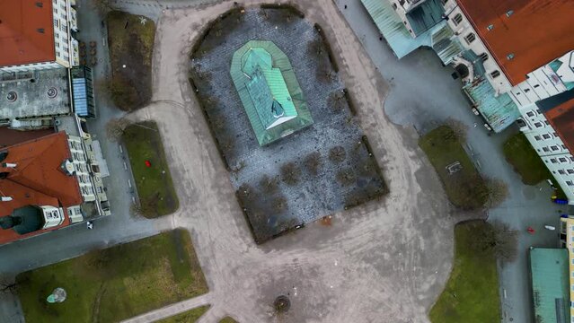 Downwards tilted rotational shot over Kapellplatz with Gnadenkapelle in Altoetting