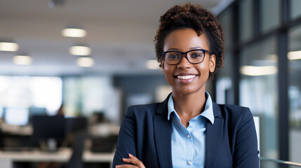 African american young woman standing, office worker, smiling, businesswoman