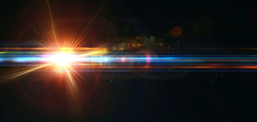 Abstract sun burst, digital flare, iridescent glare, lens flare effects over black background for overlay designs