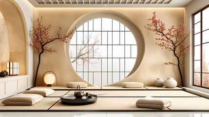 Traditional Japanese room with zen design elements, offering a peaceful and minimalist living space