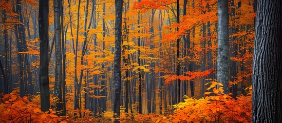 Vibrant leaves of ash trees, forest ablaze in fall colors.