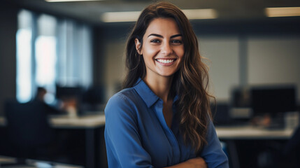 Beautiful young woman standing, office worker, smiling, businesswoman