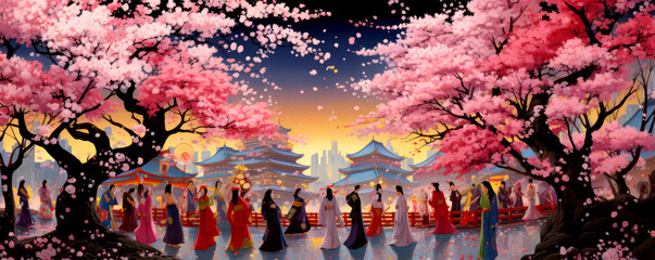 Obraz premium A vibrant illustration of a traditional Asian festival under cherry blossoms with people in cultural attire, evoking celebration, tradition, and the beauty of spring.