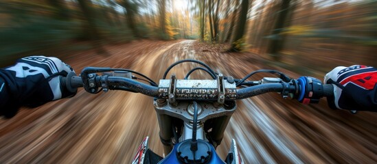 From rear rider view of a man riding a motorbike on a dusty road in a forest. AI generated image