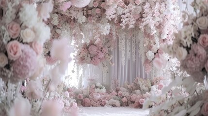 a romantic wedding stage adorned with delicate flowers, emanating an atmosphere of love and enchantment as couples exchange vows in a breathtaking setting.