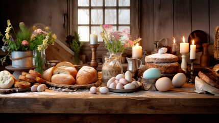 A quaint kitchen scene with fresh bread, a basket of eggs, and lit candles beside wildflowers, evoking a serene, pastoral atmosphere, suggesting themes of home cooking and rustic charm. - obrazy, fototapety, plakaty