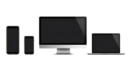 Realistic devices mockup set : Isolated smartphone telephone, laptop computer, tablet, monoblock monitor, on white background