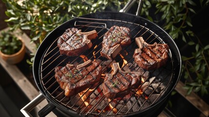 beef T-bone steaks grilling over hot BBQ coals, featuring porterhouse steak or T-bone steak varieties,ideal for restaurant menus or cookbook recipes