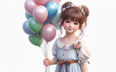 Fototapeta na wymiar child holding balloons on white background