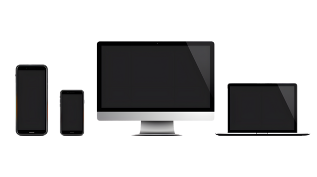 Realistic devices mockup set : Isolated smartphone telephone, laptop computer, tablet, monoblock monitor, on white background