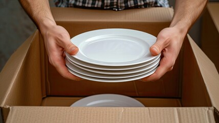 hands carefully stacking plates into a cardboard moving box, illustrating the meticulous process of packing and securing fragile items for relocation.