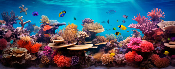 An enchanting coral reef ecosystem teeming with marine life, with a multitude of colors and forms, representing the diversity and complexity of ocean habitats.