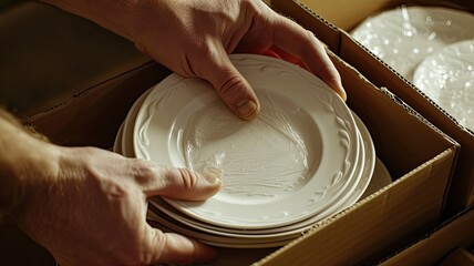 hands carefully stacking plates into a cardboard moving box, illustrating the meticulous process of packing and securing fragile items for relocation.