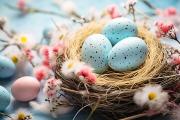 Fototapeta na wymiar Easter eggs in nest with flowers and blue background. Generative AI.