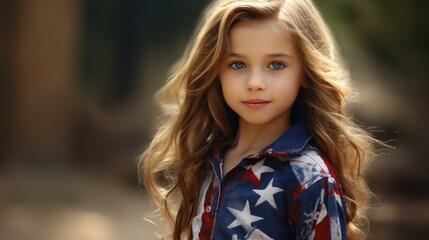 A young girl with blue eyes wearing an american flag shirt. Generative AI.